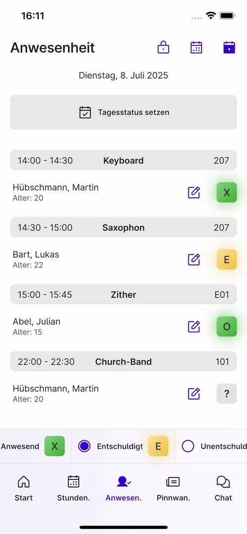 Screenshot der Anwesenheitsliste in der Appella App.
