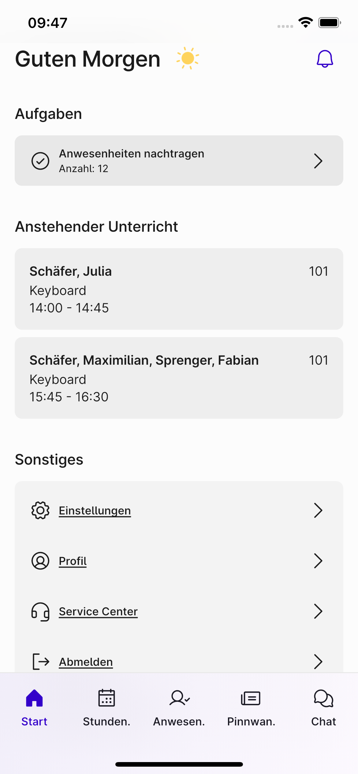 Screenshot der Dashboard-Ansicht der Appella App. Darauf zu sehen sind aktuelle Neuigkeiten und anstehende Unterrichtseinheiten.