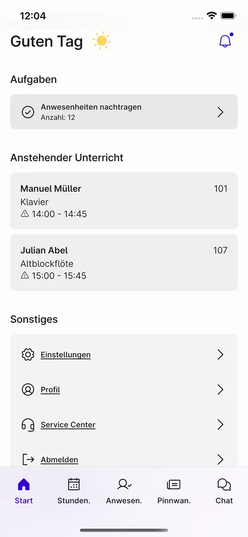 Screenshot der Dashboard-Ansicht der Appella App. Darauf zu sehen sind aktuelle Neuigkeiten und anstehende Unterrichtseinheiten.