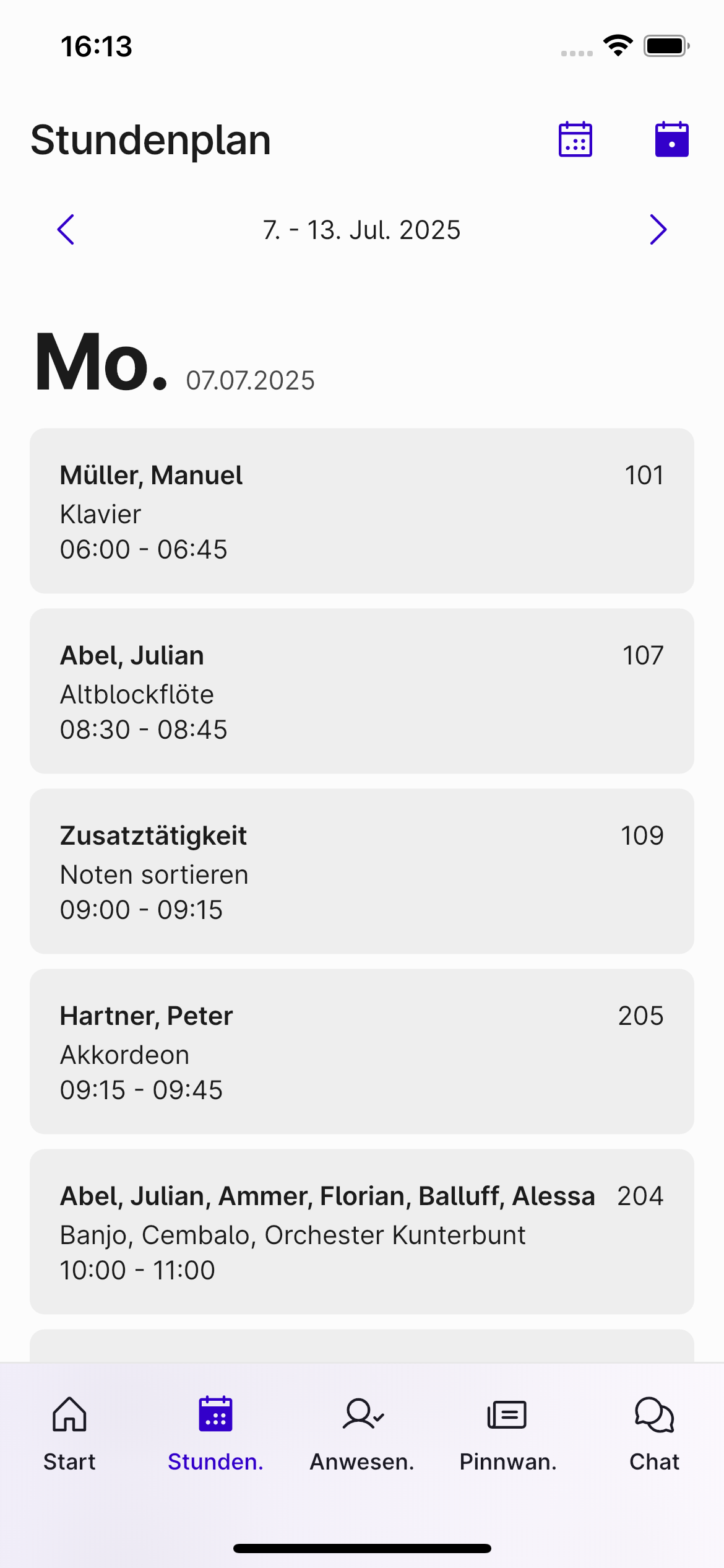 Screenshot des Stundenplans in der Appella App.