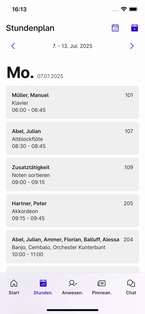 Screenshot des Stundenplans in der Appella App.