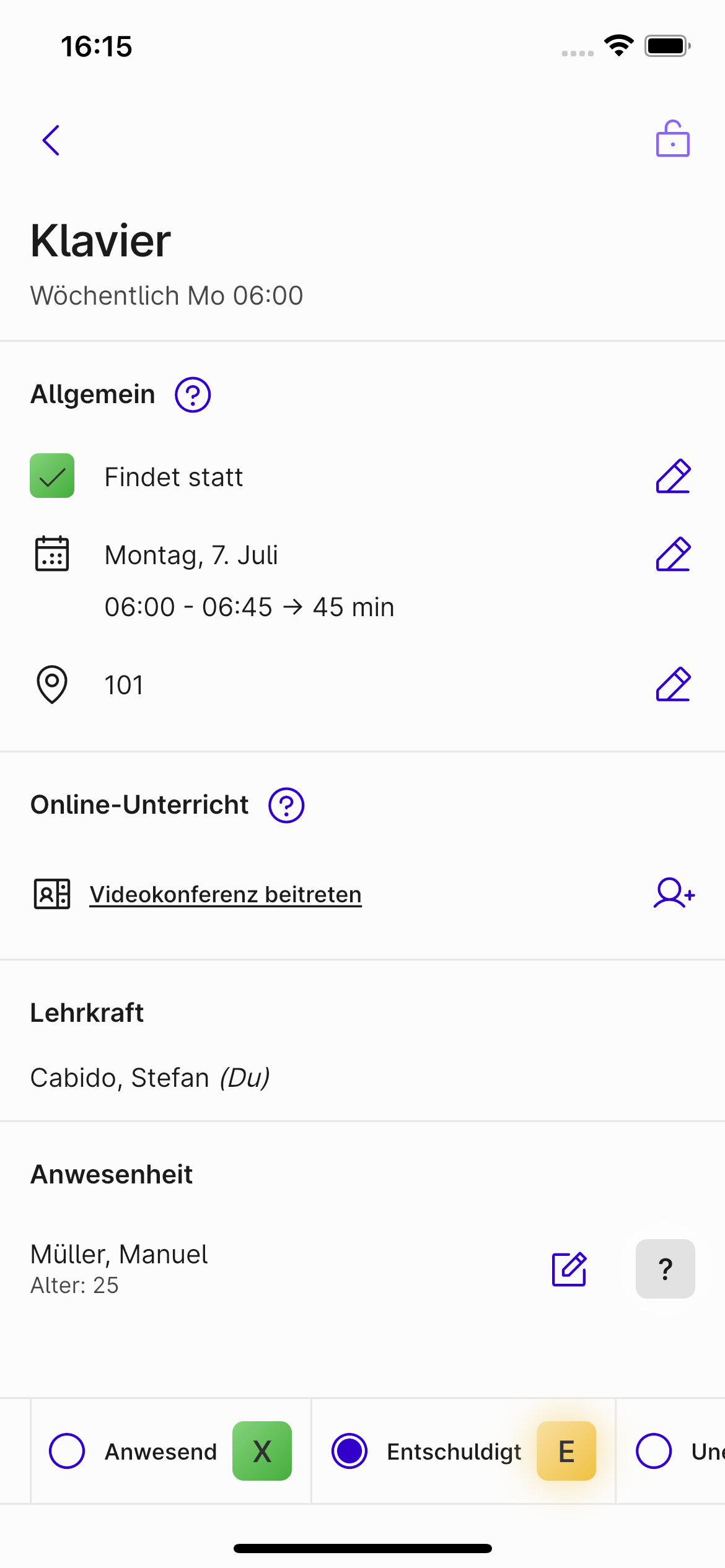 Screenshot einer Unterrichtsinformation in der Appella App.