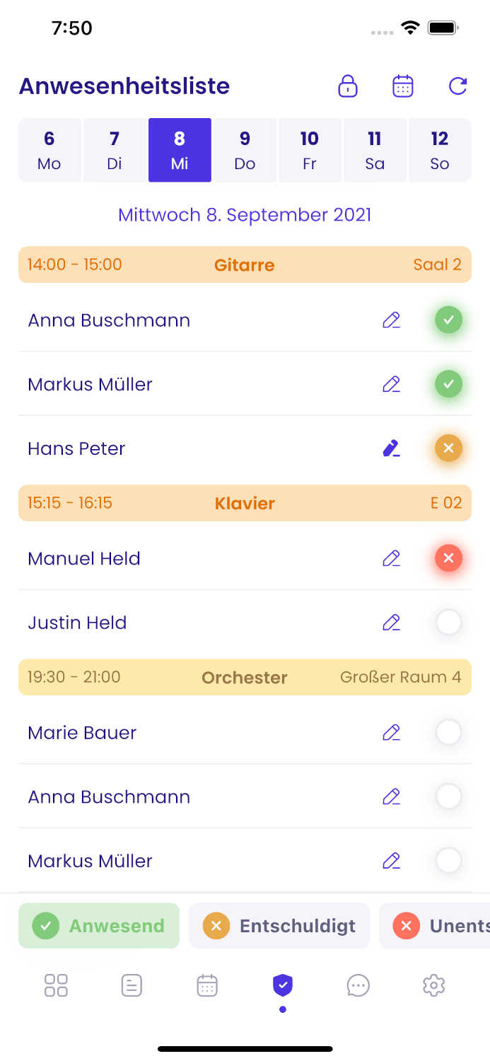 Screenshot der Anwesenheitsliste in der Appella App.