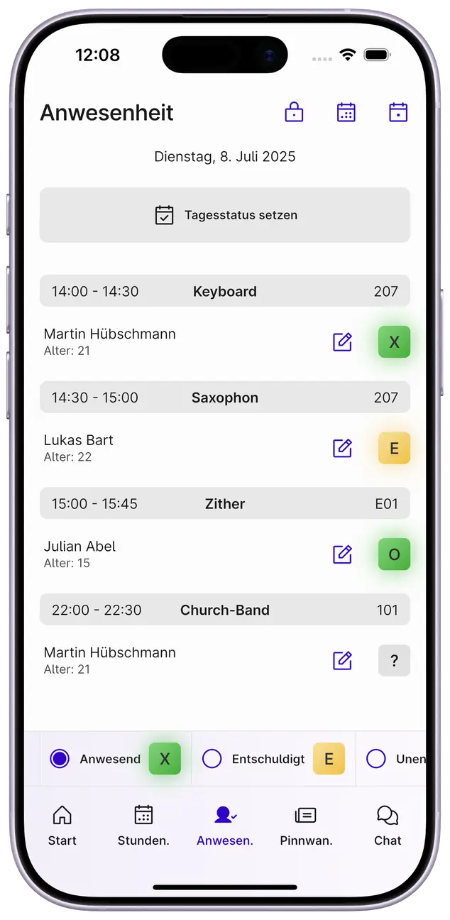 Screenshot der Anwesenheitsliste in der Appella App.