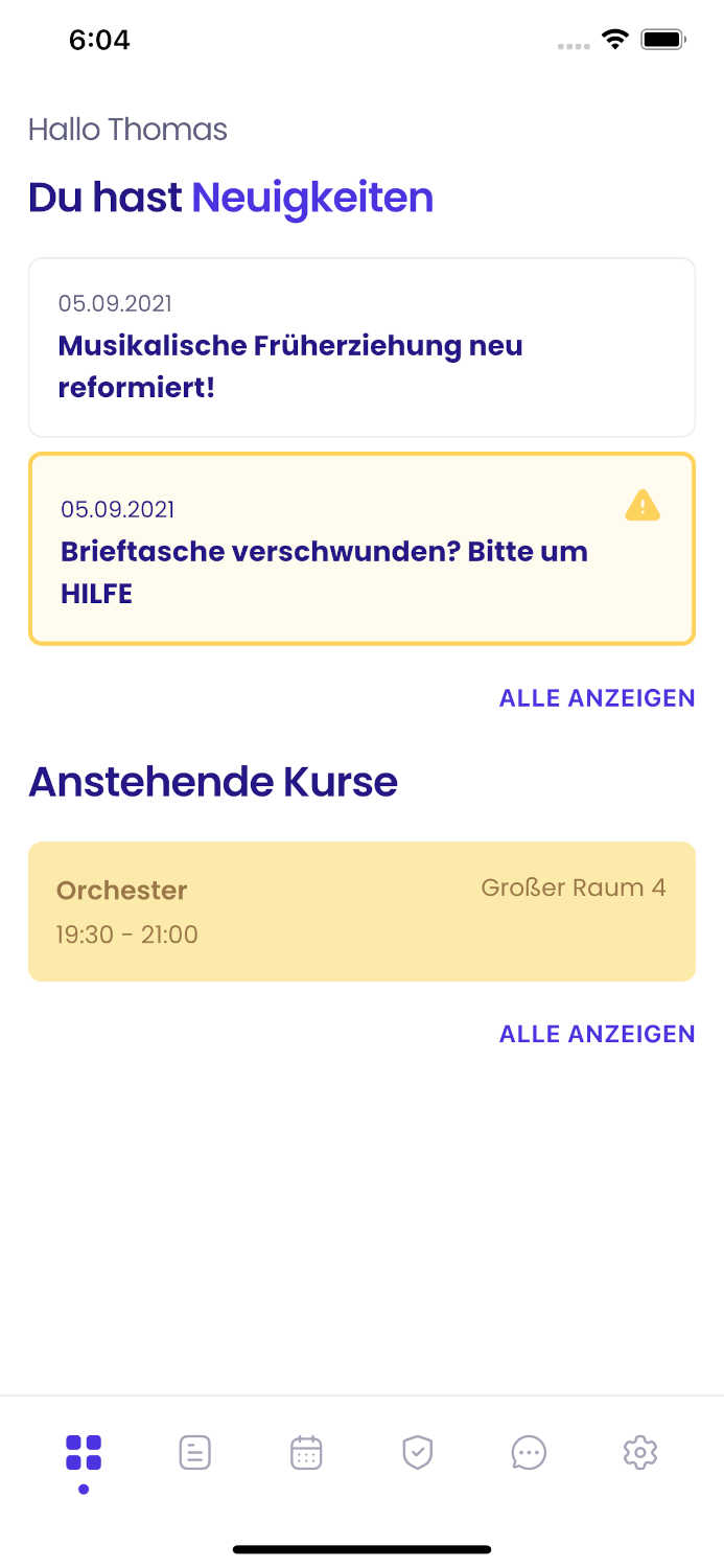 Screenshot der Dashboard-Ansicht der Appella App.
            Darauf zu sehen sind aktuelle Neuigkeiten und anstehende Unterrichtseinheiten.