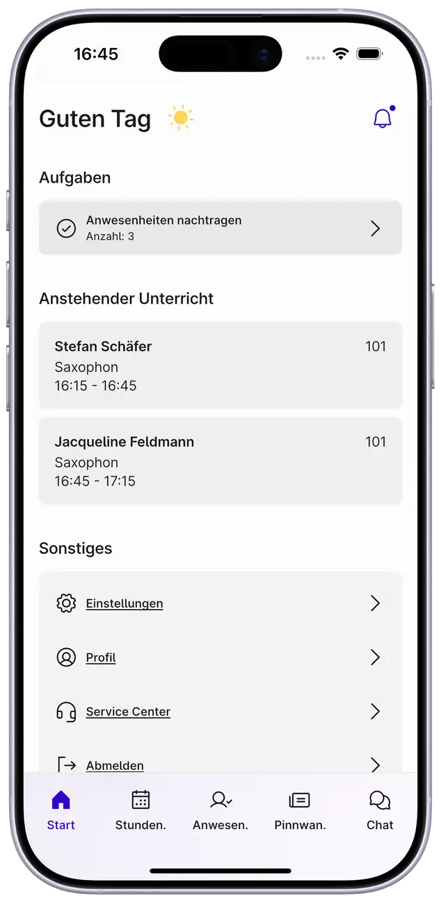Screenshot der Dashboard-Ansicht der Appella App. Darauf zu sehen sind aktuelle Neuigkeiten und anstehende Unterrichtseinheiten.