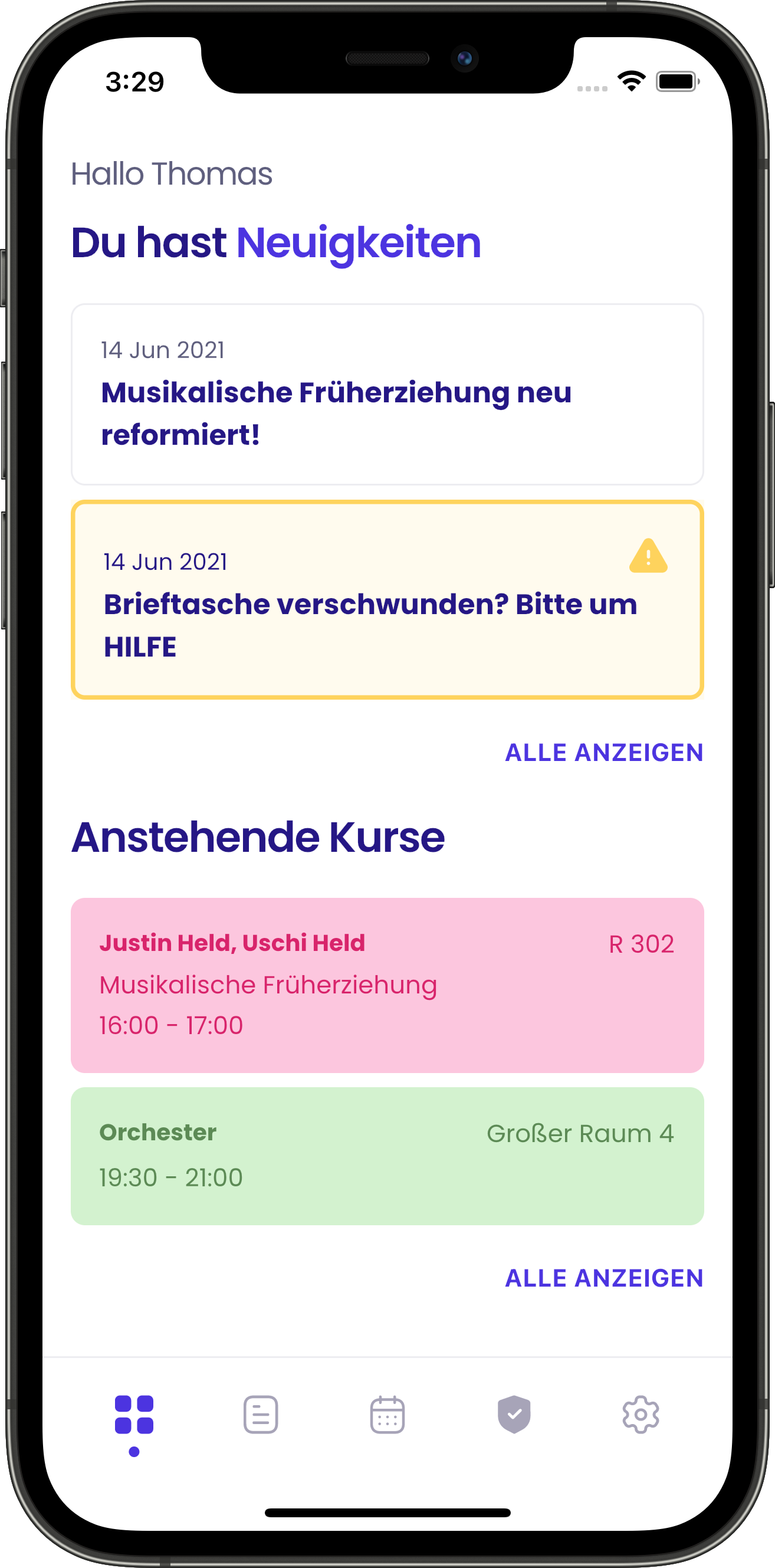 Ein Screenshot des Dashboards der Appella App in einem Smartphone. Auf dem Dashboard sind aktuelle
    Neuigkeiten und anstehende Kurse zu sehen.