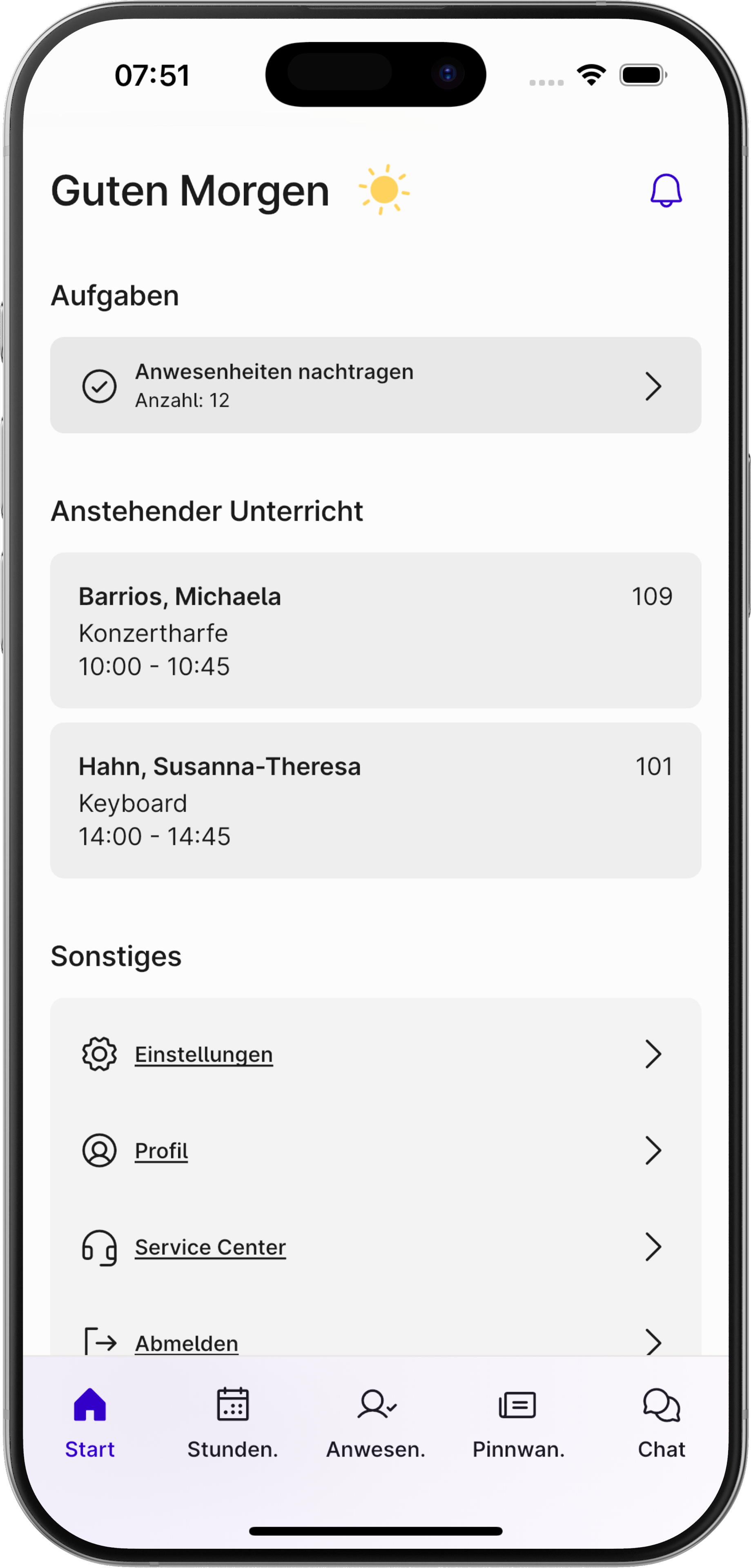 Ein Screenshot des Dashboards der Appella App in einem Smartphone. Auf dem Dashboard sind aktuelle Neuigkeiten und anstehende Kurse zu sehen.