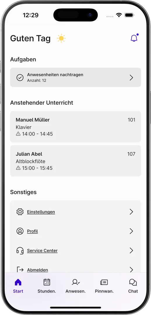 Ein Screenshot des Dashboards der Appella App in einem Smartphone. Auf dem Dashboard sind aktuelle Neuigkeiten und anstehende Kurse zu sehen.