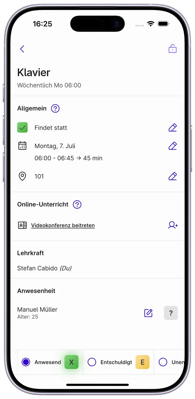 Screenshot einer Unterrichtsinformation in der Appella App.