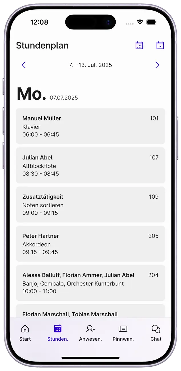 Screenshot des Stundenplans in der Appella App.